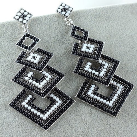 Black Long Fashion Crystal Chandelier Earrings Square Shape Dangle Womens