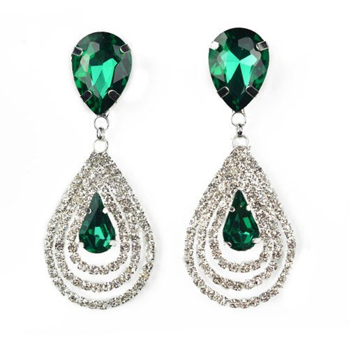 Green Ocean Big Crystal Stone Silver Earrings Water Drop Rhinestone Womens