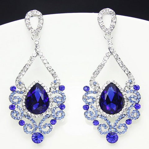 Fashion Jewelry Women Drop Earrings Blue Rhinestone Silver Plated Chandelier