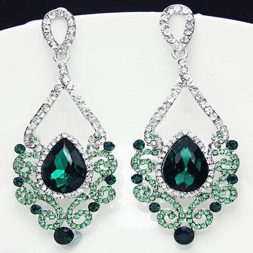 Fashion Jewelry Women Drop Earrings Green Rhinestone Silver Plated Chandelier