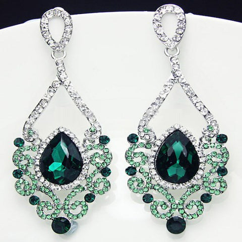 Fashion Jewelry Women Drop Earrings Green Rhinestone Silver Plated Chandelier