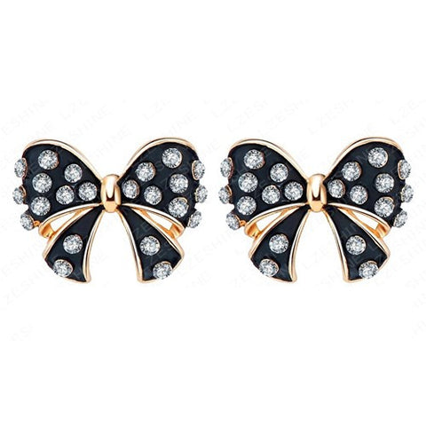 Womens Black Bowknot Earrings Enamel Stud 18K Rose Gold Plate Austrian Crystal