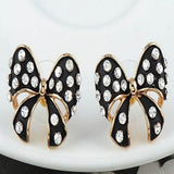 Womens Black Bowknot Earrings Enamel Stud 18K Rose Gold Plate Austrian Crystal
