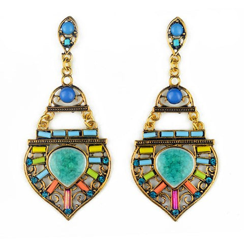 Bohemian Brazil Earrings Fashion Vintage Crystal Gem Green Drop Earrings Tibetan