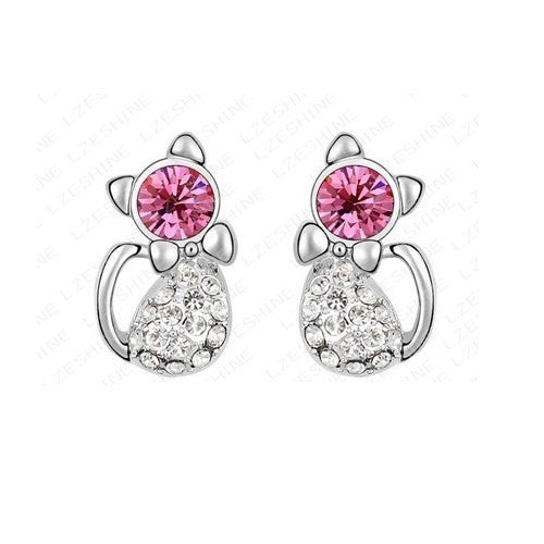 Poppy Fashion Platinum Plating Austrian Crystal Element Cat Studs Earrings