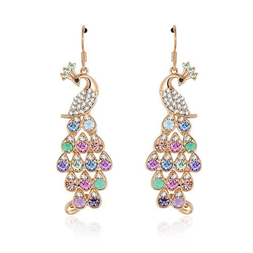 Crystal Peacock Dangle Gold Plated Chandelier Earrings Fashion Jewelry