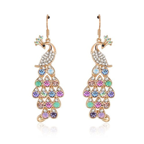 Crystal Peacock Dangle Gold Plated Chandelier Earrings Fashion Jewelry