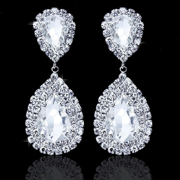 Silver Teardrop Crystal Long Earrings