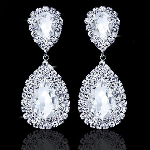 Silver Teardrop Crystal Long Earrings