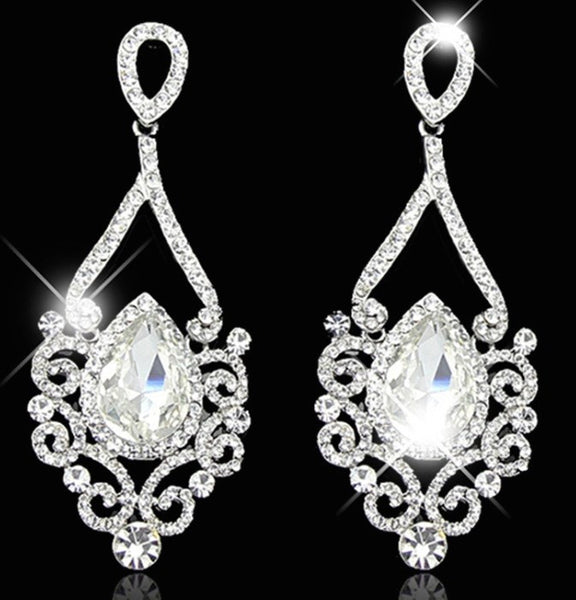 Platinum Silver Rhinestone Crystal Drop Earrings