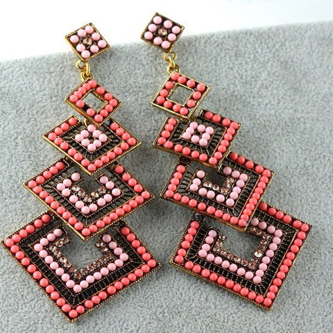Pink Long Fashion Crystal Chandelier Earrings Retro Luxury Square Shape Womens