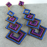 Purple Blue Long Fashion Crystal Chandelier Earrings Square Shape Dangle Womens