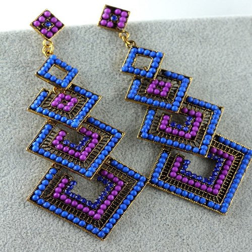 Purple Blue Long Fashion Crystal Chandelier Earrings Square Shape Dangle Womens