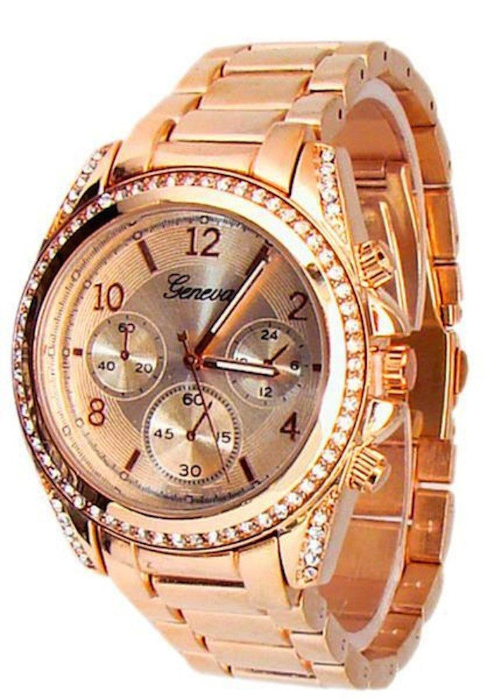 Rose Gold Geneva Watch Crystal Bezel Women s Fashion Bracelet Oversized ProCuffs www.procuffs