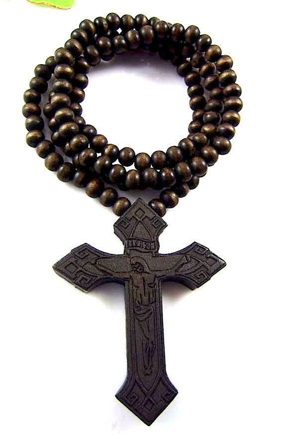 Wooden Cross Faith Beads Necklace FX